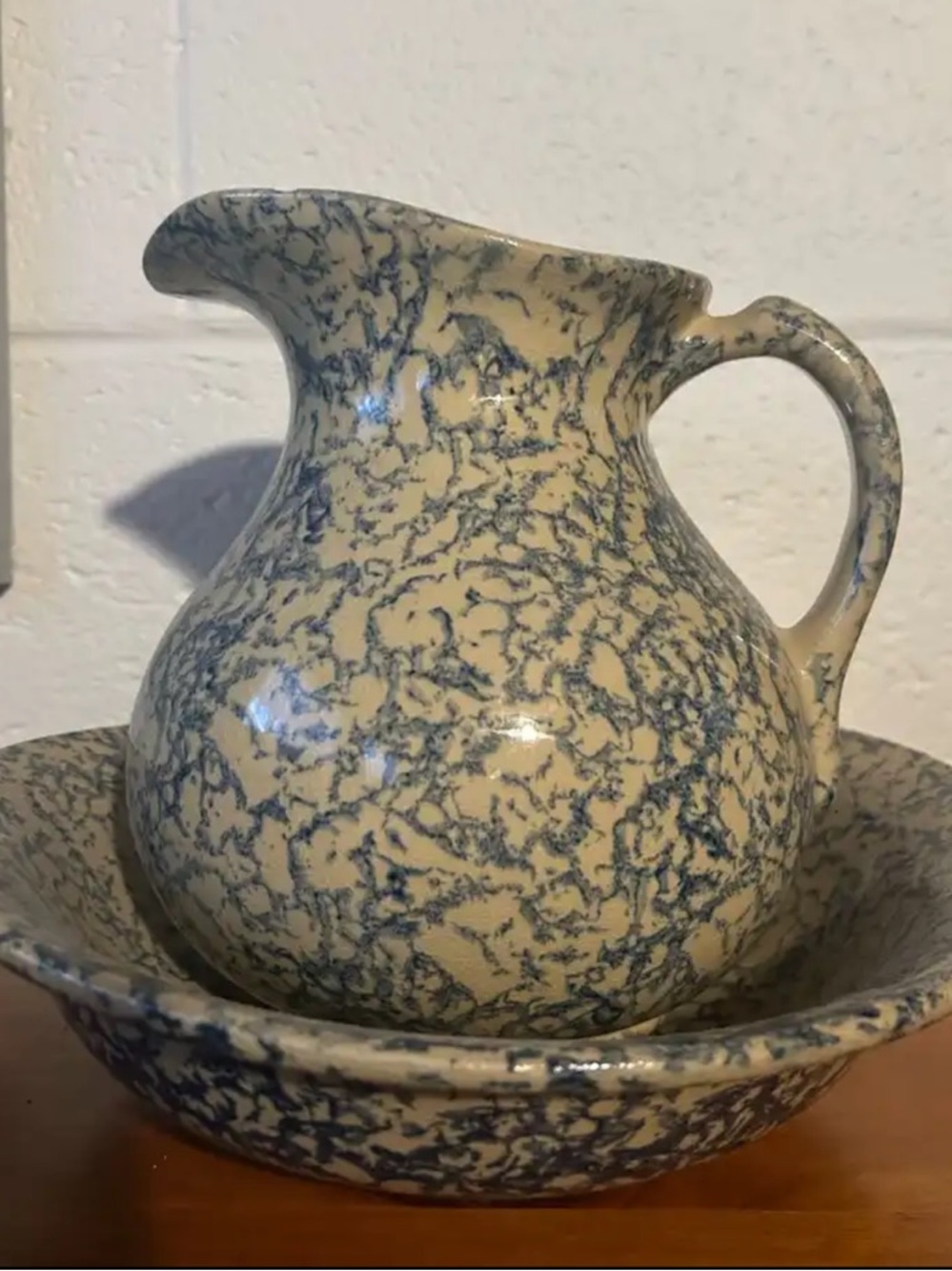 Vintage Blue and Cream Speckle Ceramic Pitcher and Basin Set
